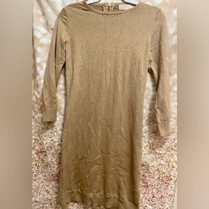MICHAEL Michael Kors Tan Sweater Dress with Gold Embellishments-XS